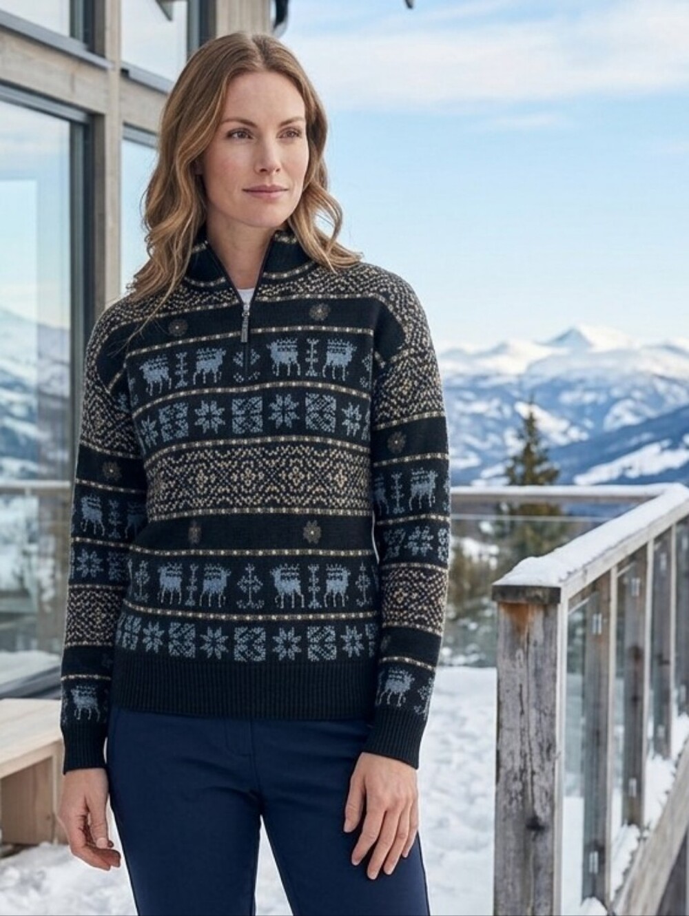 Vintage Demetre Fair Isle Reindeer Navy Blue Wool Blend Ski Quarter Zip Sweater